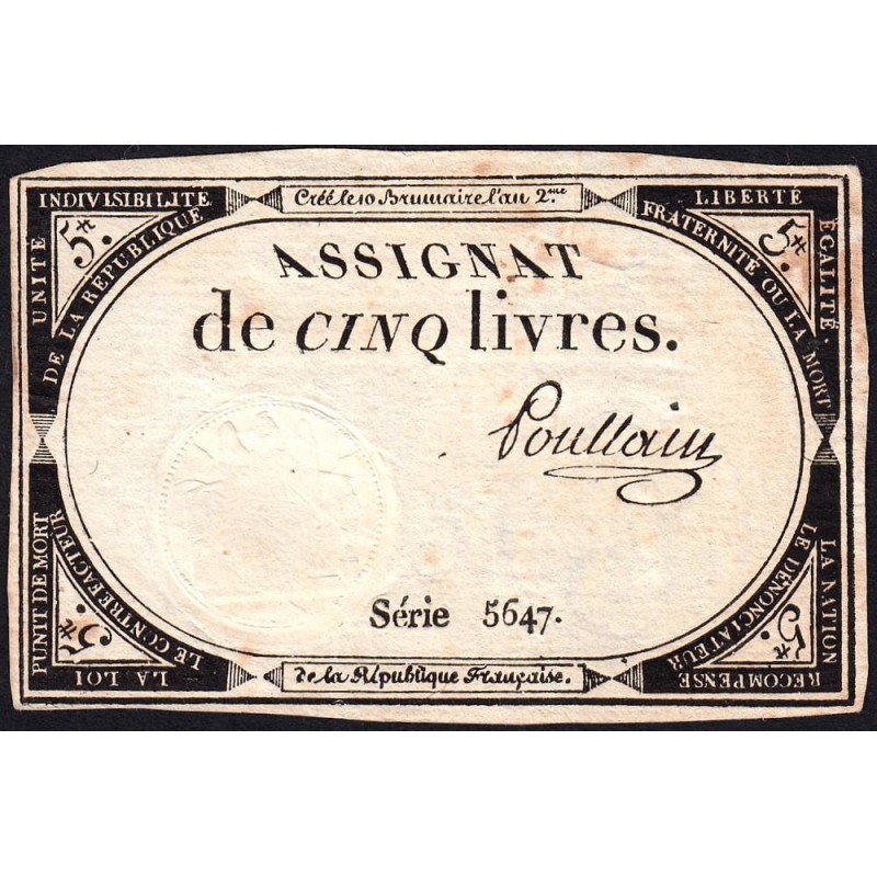 Assignat 46a - 5 livres - 10 brumaire an 2 - Signature 87 - Etat : SUP