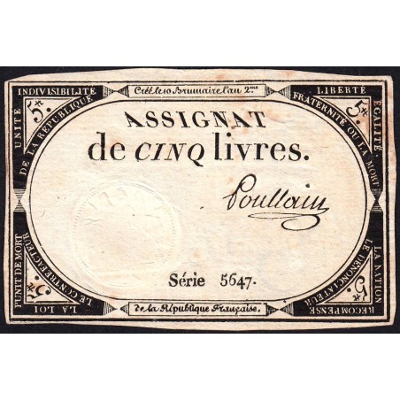Assignat 46a - 5 livres - 10 brumaire an 2 - Signature 87 - Etat : SUP