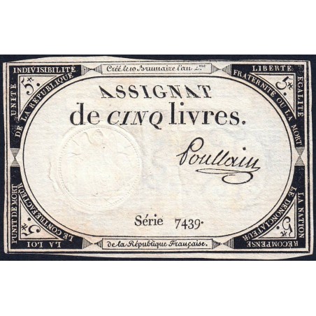 Assignat 46a - 5 livres - 10 brumaire an 2 - Signature 87 - Etat : SUP