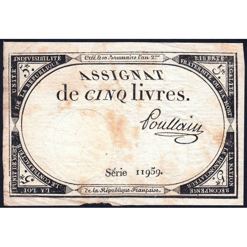 Assignat 46a - 5 livres - 10 brumaire an 2 - Signature 87 - Etat : TB+