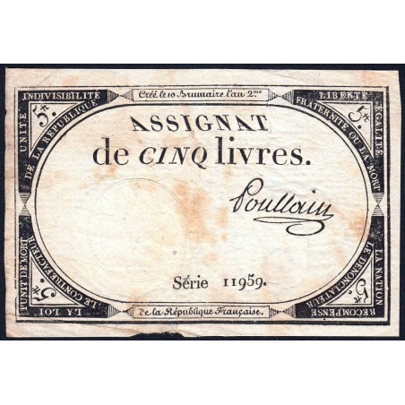 Assignat 46a - 5 livres - 10 brumaire an 2 - Signature 87 - Etat : TB+