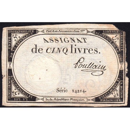 Assignat 46a - 5 livres - 10 brumaire an 2 - Signature 87 - Etat : B+