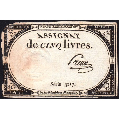 Assignat 46a - 5 livres - 10 brumaire an 2 - Signature 88 - Etat : B+