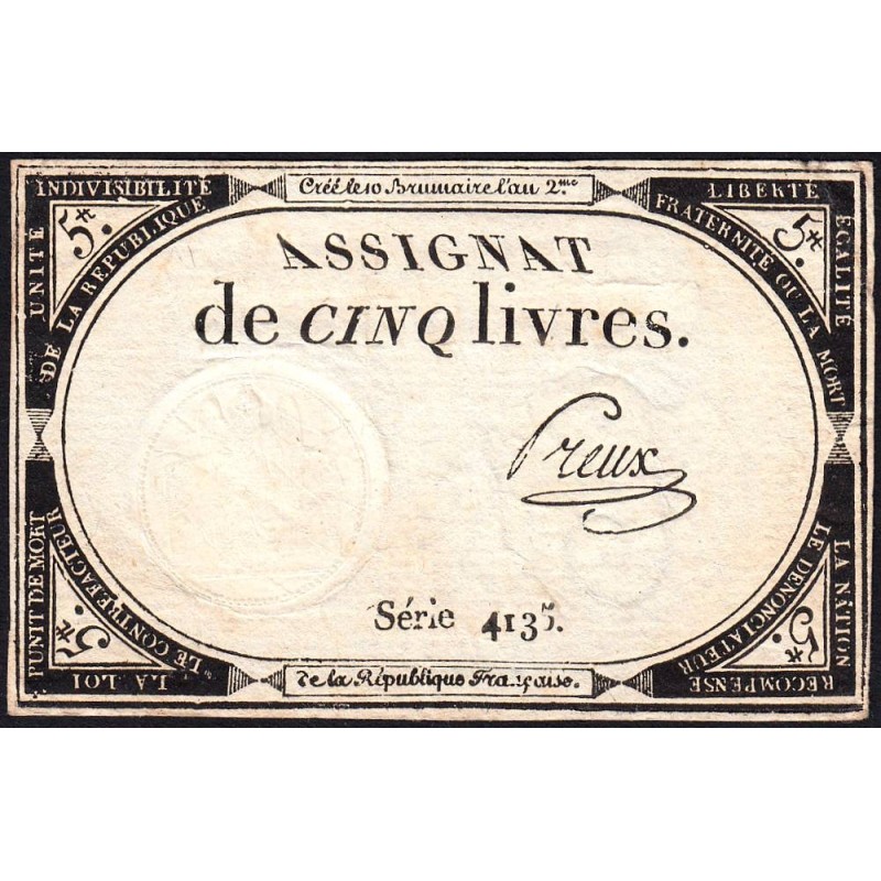 Assignat 46a - 5 livres - 10 brumaire an 2 - Signature 88 - Etat : TTB+