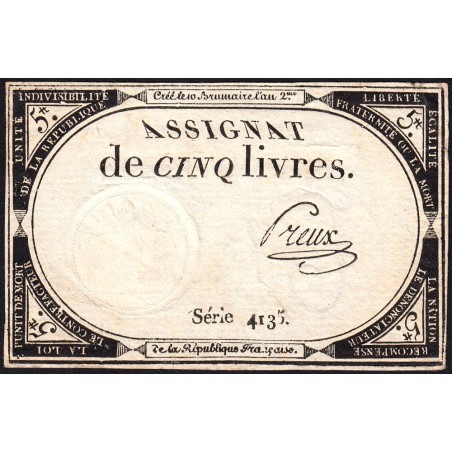 Assignat 46a - 5 livres - 10 brumaire an 2 - Signature 88 - Etat : TTB+