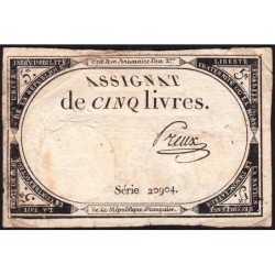 Assignat 46a - 5 livres - 10 brumaire an 2 - Signature 88 - Etat : TB+
