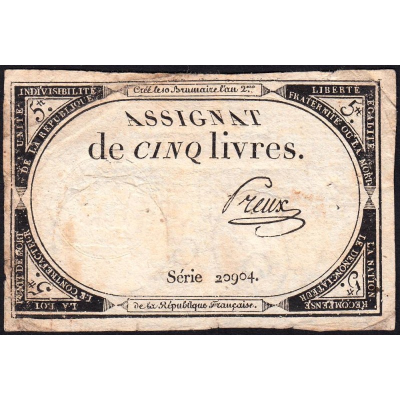 Assignat 46a - 5 livres - 10 brumaire an 2 - Signature 88 - Etat : TB+