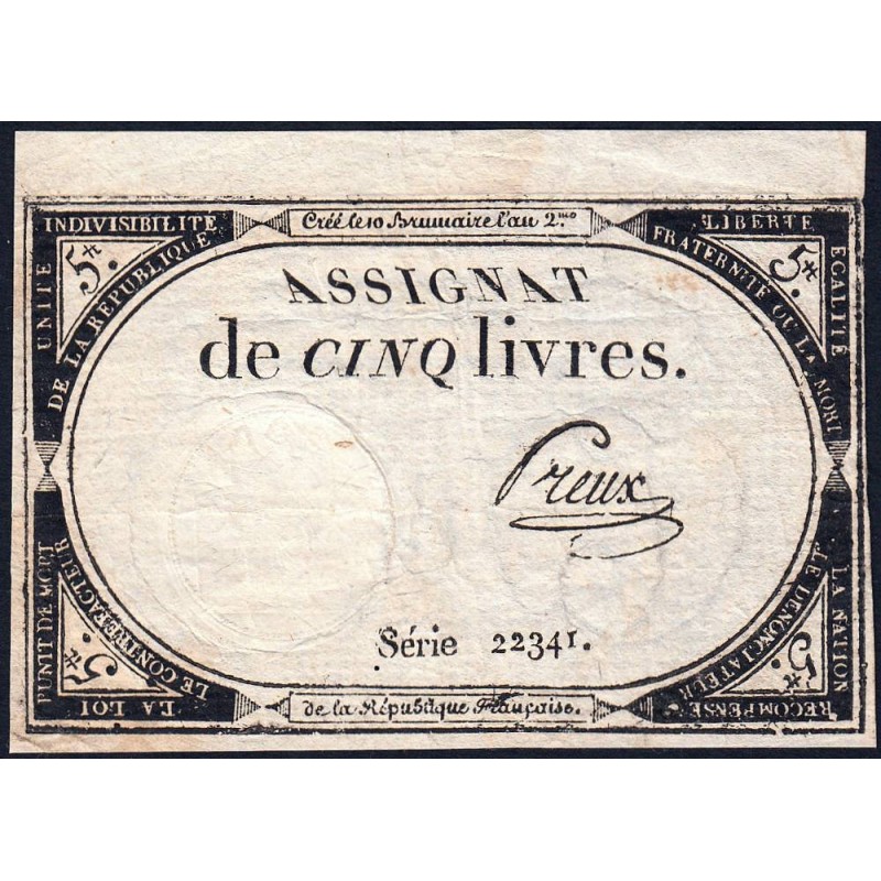 Assignat 46a - 5 livres - 10 brumaire an 2 - Signature 88 - Etat : TTB