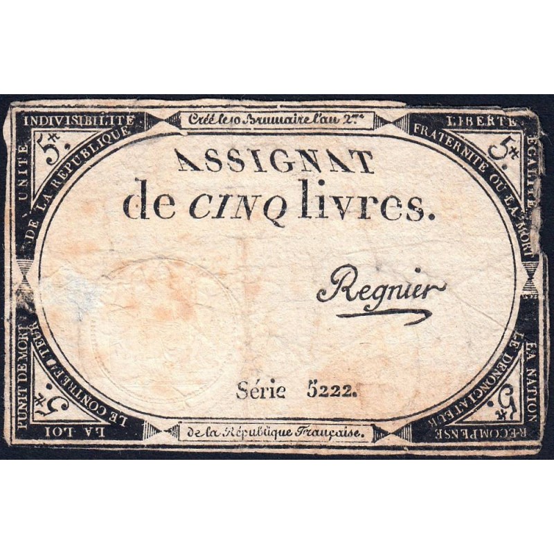Assignat 46a - 5 livres - 10 brumaire an 2 - Signature 89 - Etat : TB-