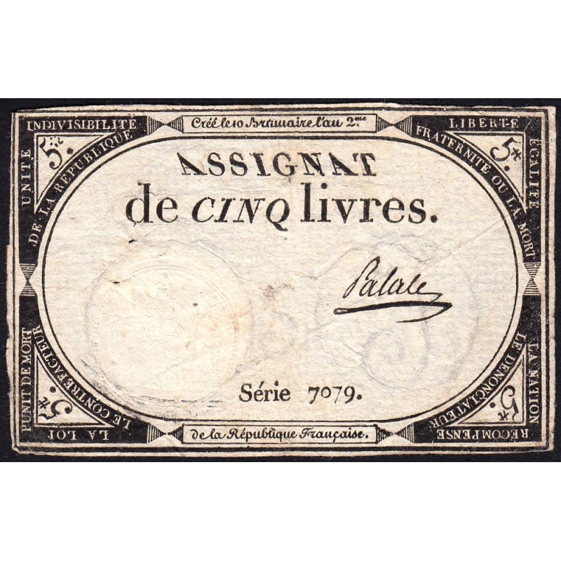 Assignat 46a - 5 livres - 10 brumaire an 2 - Signature 82 - Etat : TTB-