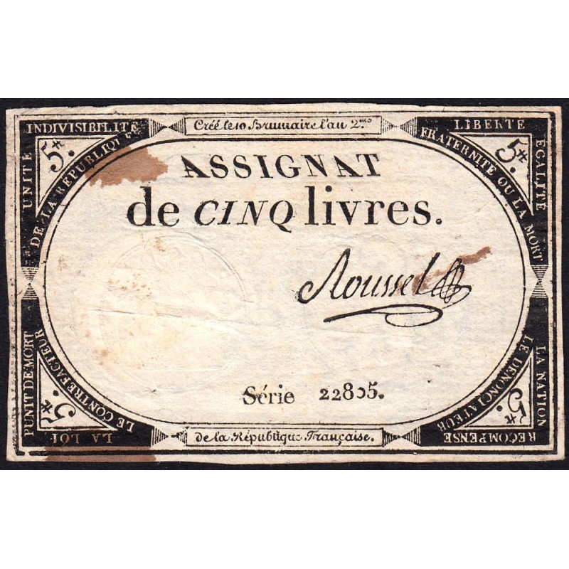 Assignat 46a - 5 livres - 10 brumaire an 2 - Signature 92 - Etat : TB