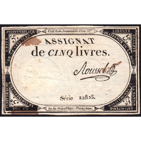 Assignat 46a - 5 livres - 10 brumaire an 2 - Signature 92 - Etat : TB