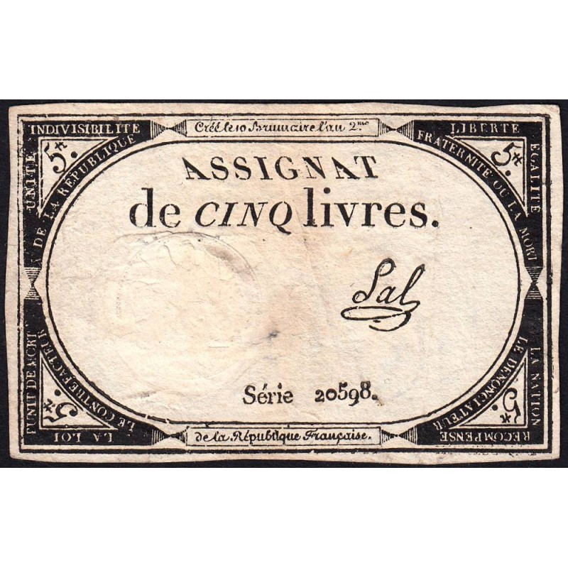 Assignat 46a - 5 livres - 10 brumaire an 2 - Signature 93 - Etat : TTB