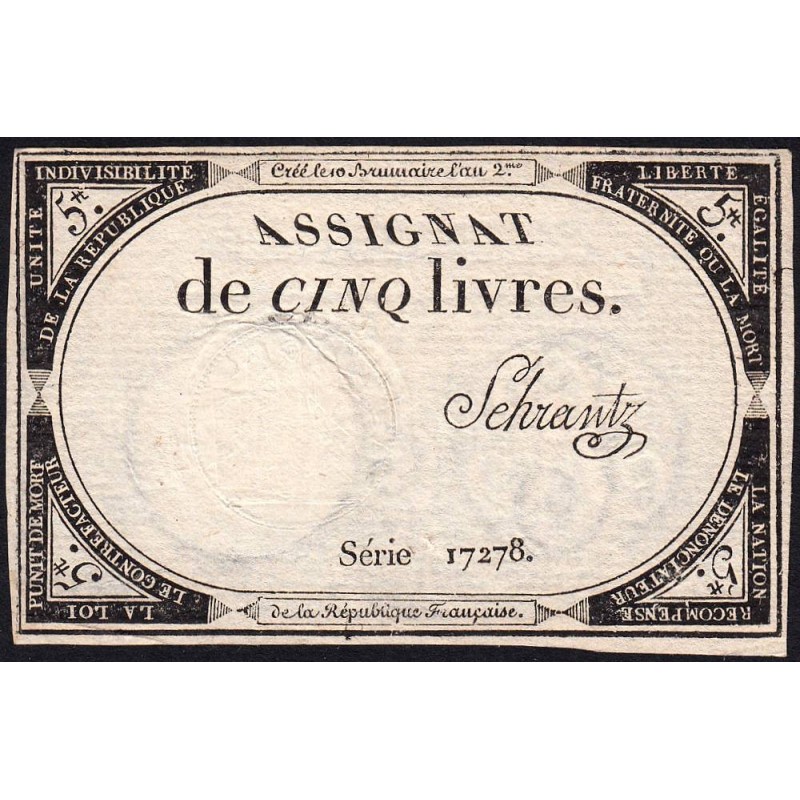 Assignat 46a - 5 livres - 10 brumaire an 2 - Signature 95 - Etat : SPL