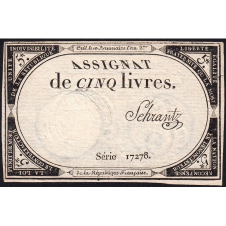 Assignat 46a - 5 livres - 10 brumaire an 2 - Signature 95 - Etat : SPL