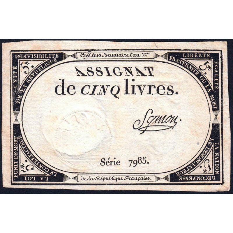 Assignat 46a - 5 livres - 10 brumaire an 2 - Signature 97 - Etat : TTB+
