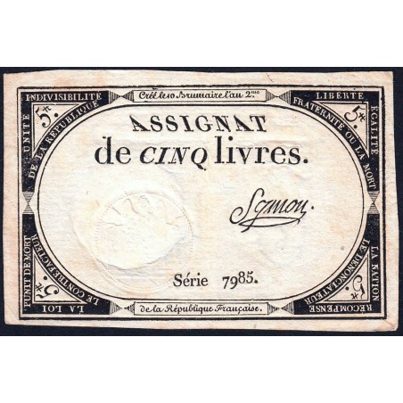 Assignat 46a - 5 livres - 10 brumaire an 2 - Signature 97 - Etat : TTB+