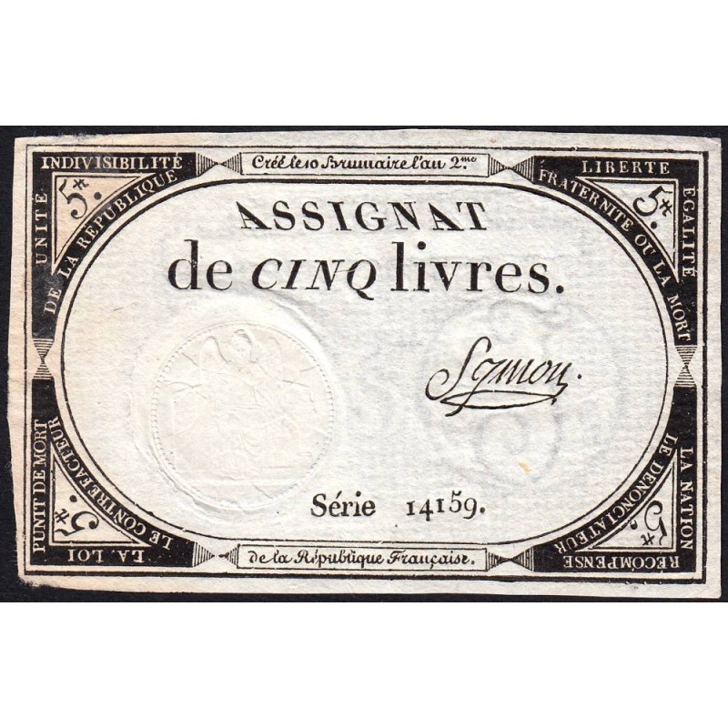 Assignat 46a - 5 livres - 10 brumaire an 2 - Signature 97 - Etat : SUP