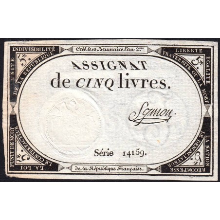 Assignat 46a - 5 livres - 10 brumaire an 2 - Signature 97 - Etat : SUP