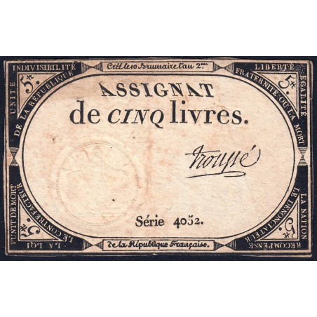 Assignat 46a - 5 livres - 10 brumaire an 2 - Signature 99 - Etat : TB