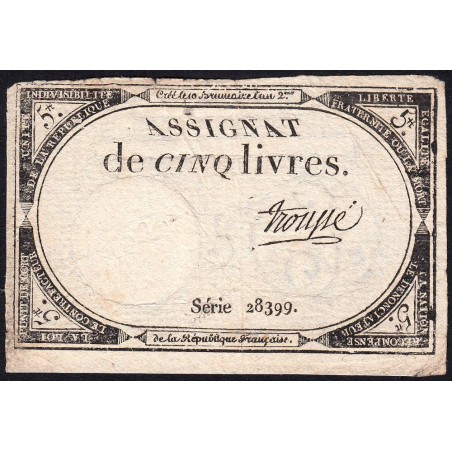 Assignat 46a - 5 livres - 10 brumaire an 2 - Signature 99 - Etat : TB
