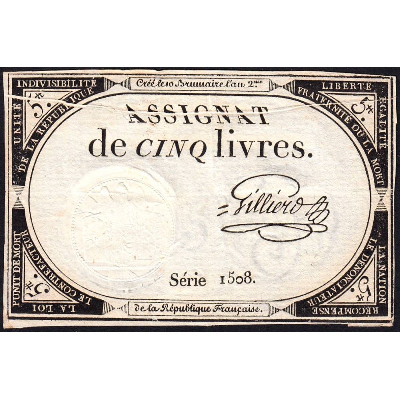 Assignat 46av2 - 5 livres - 10 brumaire an 2 - Signature 52 - Etat : SUP+