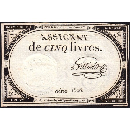 Assignat 46av2 - 5 livres - 10 brumaire an 2 - Signature 52 - Etat : SUP+