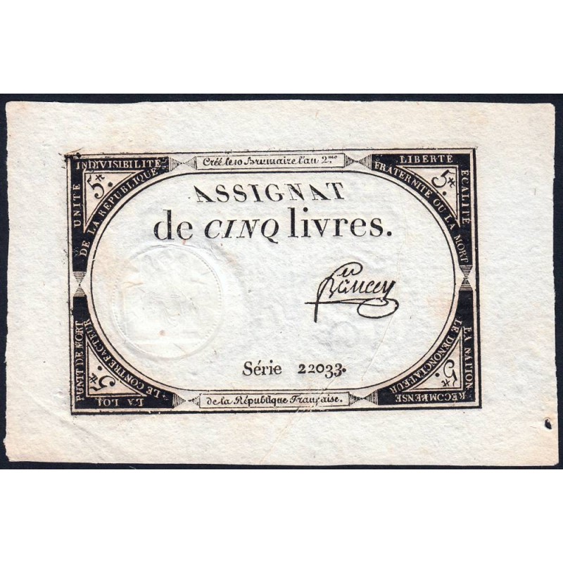 Assignat 46a - 5 livres - 10 brumaire an 2 - Signature 8 - Etat : SPL+