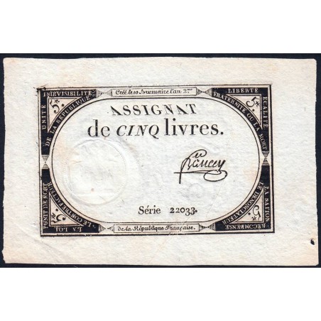 Assignat 46a - 5 livres - 10 brumaire an 2 - Signature 8 - Etat : SPL+