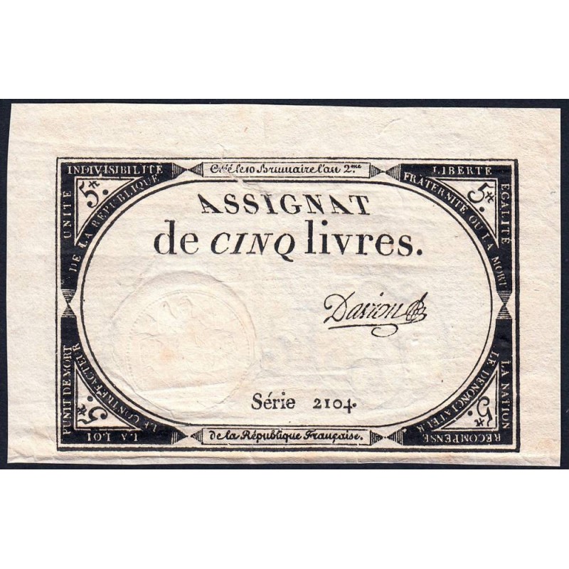 Assignat 46a - 5 livres - 10 brumaire an 2 - Signature 27 - Etat : SUP