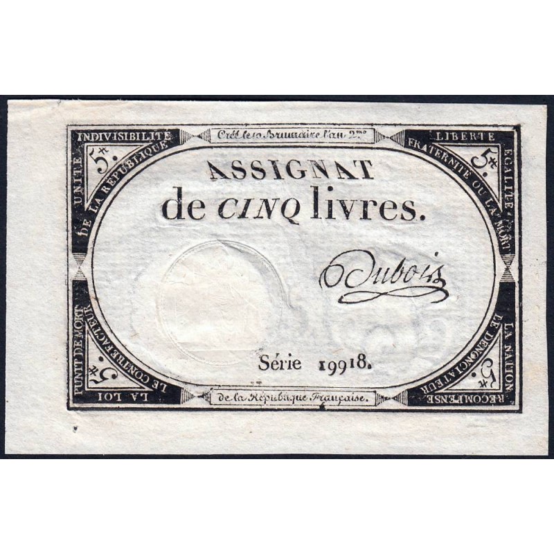 Assignat 46a - 5 livres - 10 brumaire an 2 - Signature 34 - Etat : SPL