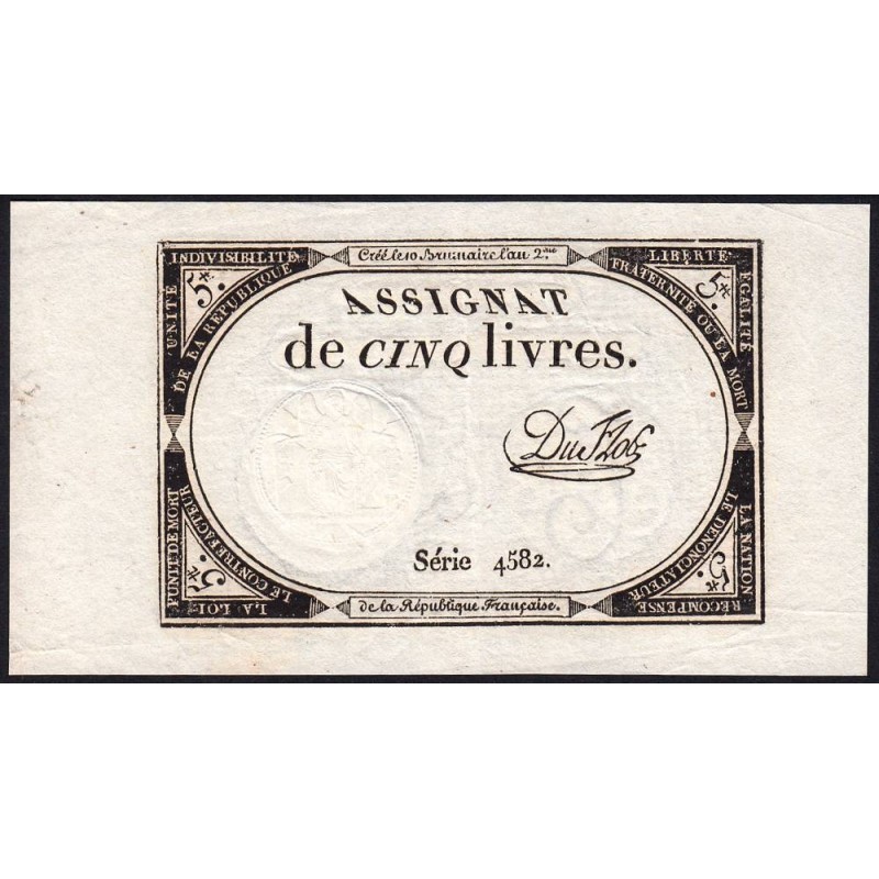 Assignat 46a - 5 livres - 10 brumaire an 2 - Signature 36 - Etat : SUP+