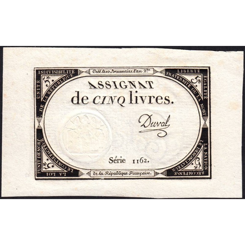 Assignat 46a - 5 livres - 10 brumaire an 2 - Signature 40 - Etat : SPL+