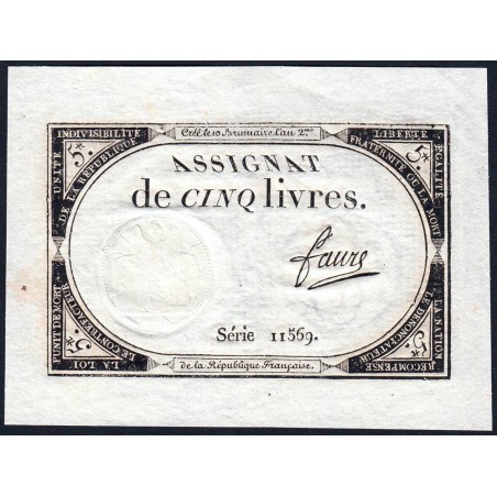 Assignat 46a - 5 livres - 10 brumaire an 2 - Signature 43 - Etat : SPL+