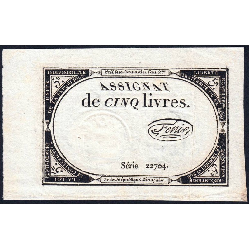 Assignat 46a - 5 livres - 10 brumaire an 2 - Signature 44 - Etat : SPL