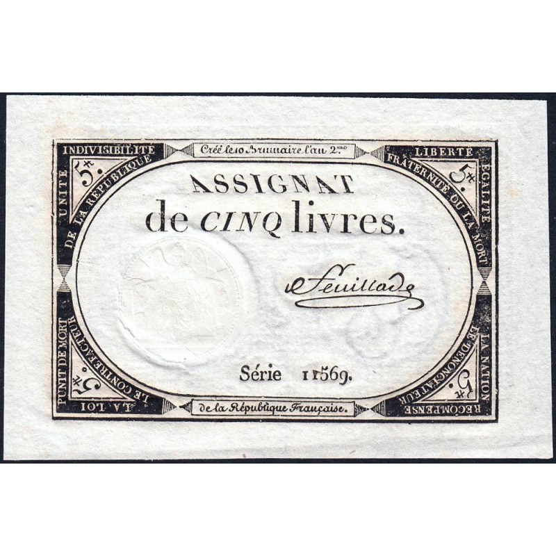 Assignat 46a - 5 livres - 10 brumaire an 2 - Signature 45 - Etat : SPL