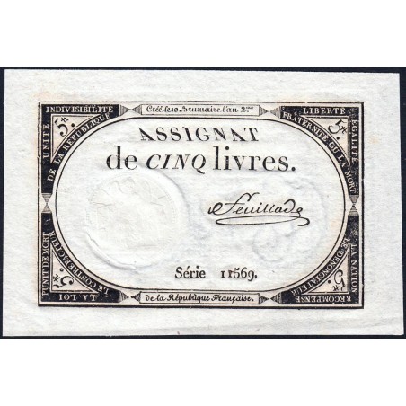 Assignat 46a - 5 livres - 10 brumaire an 2 - Signature 45 - Etat : SPL