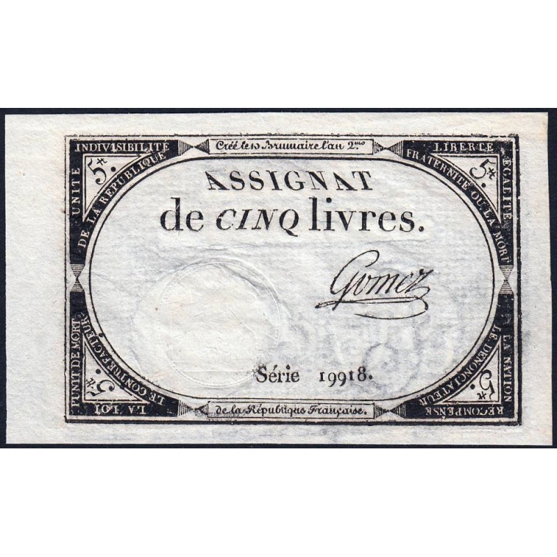 Assignat 46a - 5 livres - 10 brumaire an 2 - Signature 53 - Etat : SPL