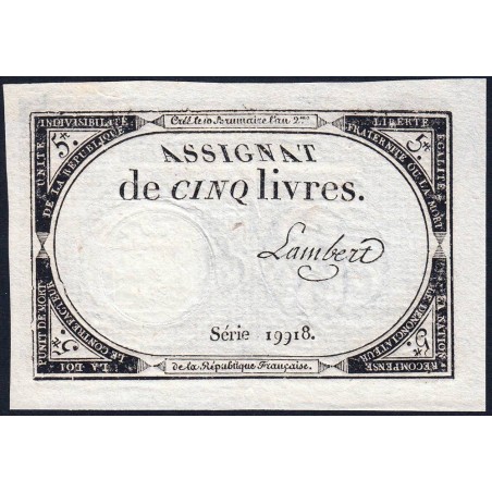 Assignat 46a - 5 livres - 10 brumaire an 2 - Signature 62 - Etat : SPL+
