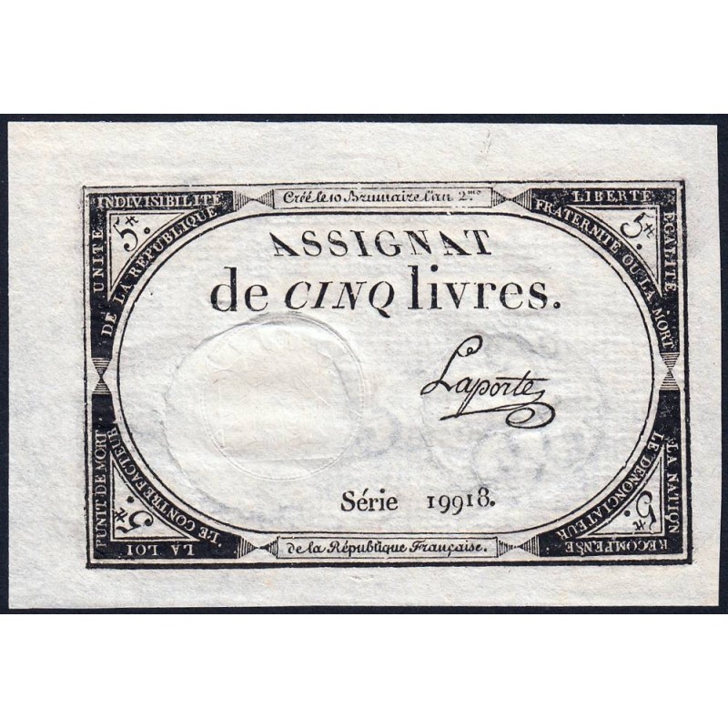 Assignat 46a - 5 livres - 10 brumaire an 2 - Signature 64 - Etat : pr.NEUF