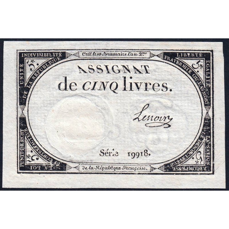 Assignat 46a - 5 livres - 10 brumaire an 2 - Signature 67 - Etat : pr.NEUF