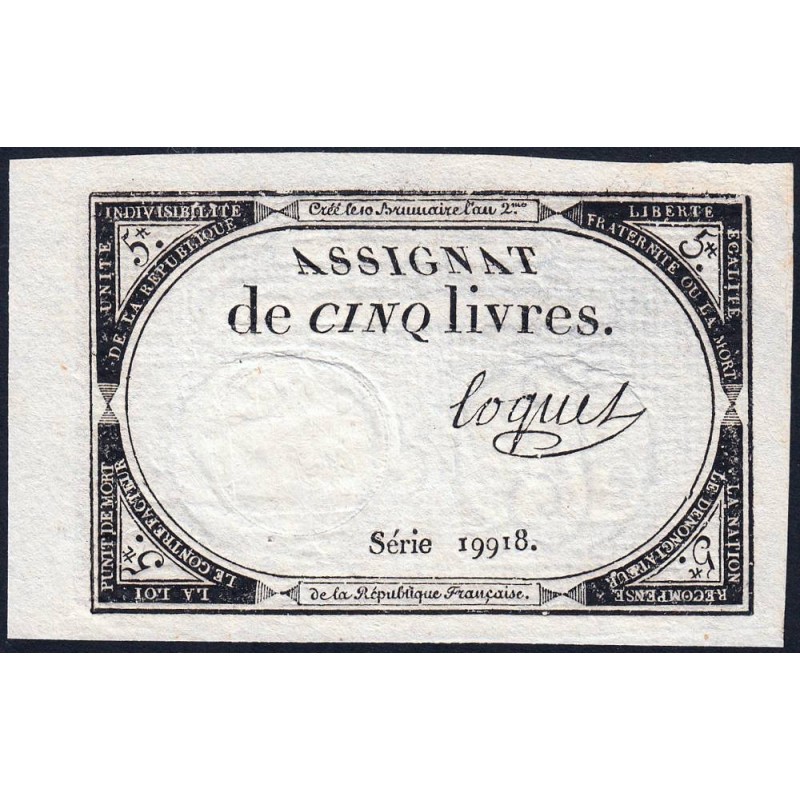 Assignat 46a - 5 livres - 10 brumaire an 2 - Signature 72 - Etat : pr.NEUF