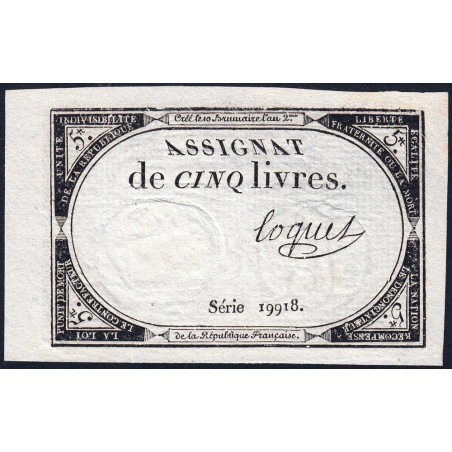 Assignat 46a - 5 livres - 10 brumaire an 2 - Signature 72 - Etat : pr.NEUF