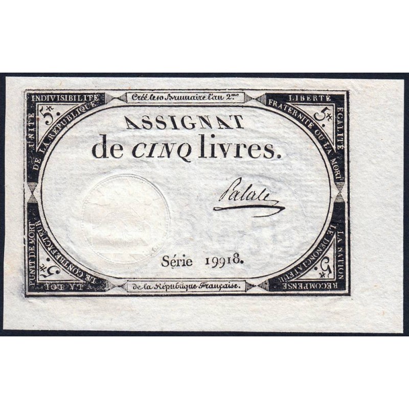 Assignat 46a - 5 livres - 10 brumaire an 2 - Signature 82 - Etat : SPL+