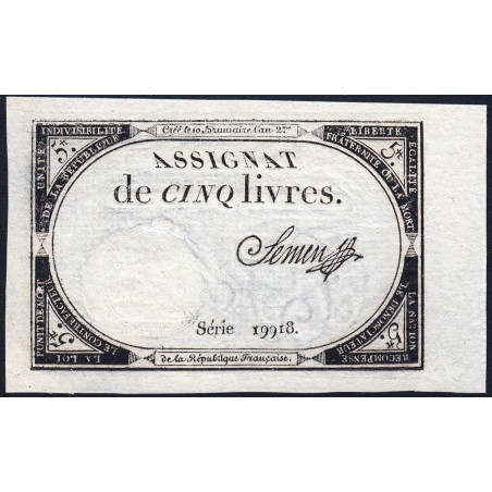 Assignat 46a - 5 livres - 10 brumaire an 2 - Signature 96 - Etat : pr.NEUF