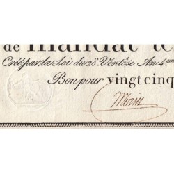 Promesse de mandat 59a - 25 francs - 28 ventôse an 4 - Sans série - Etat : SUP+