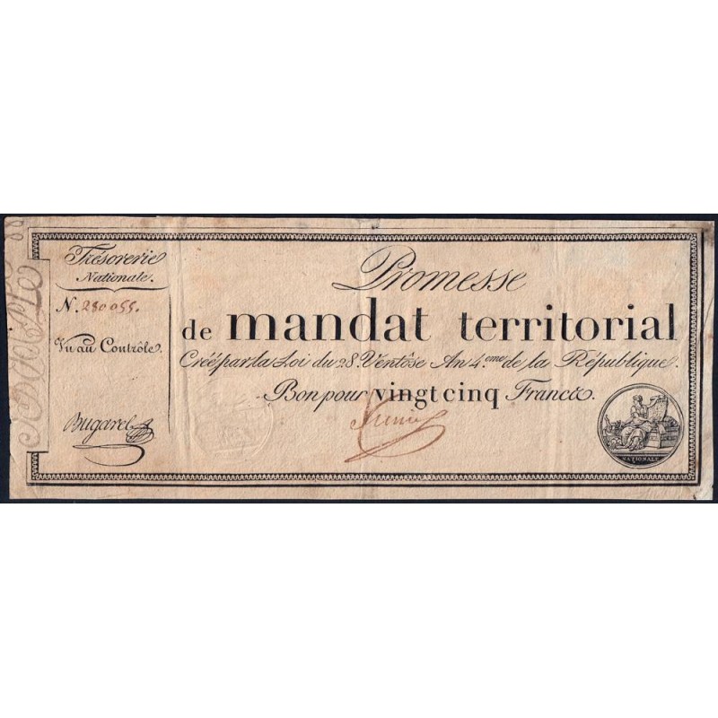 Promesse de mandat 59a - 25 francs - 28 ventôse an 4 - Sans série - Etat : TTB-