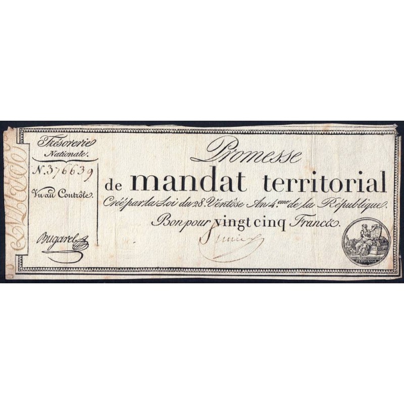 Promesse de mandat 59a - 25 francs - 28 ventôse an 4 - Sans série - Etat : TTB-