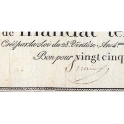 Promesse de mandat 59a - 25 francs - 28 ventôse an 4 - Sans série - Etat : TTB-