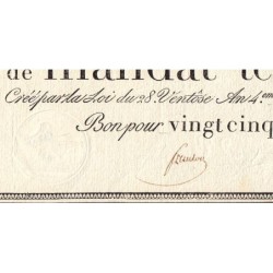 Promesse de mandat 59a - 25 francs - 28 ventôse an 4 - Sans série - Etat : TTB-